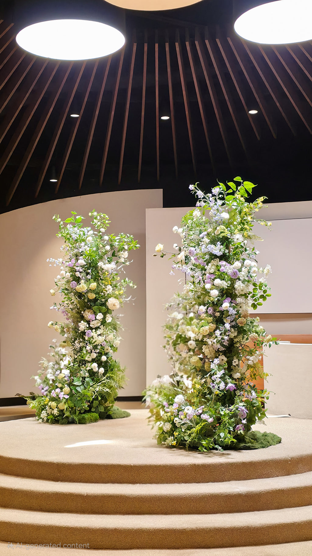 Two floral arrangements on a stage with a modern ceiling design.